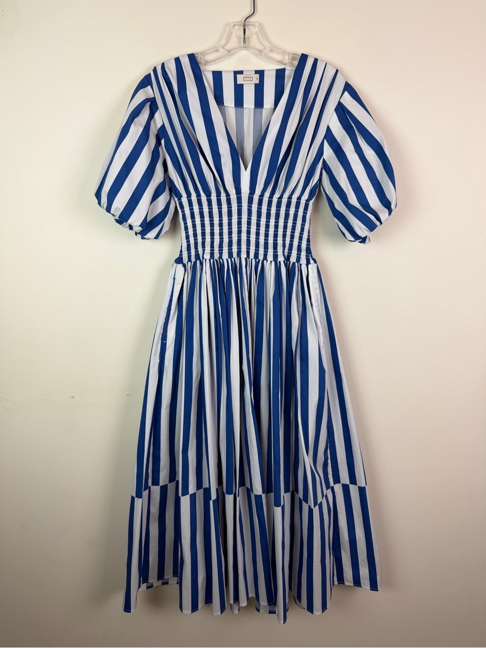 AYR The Extra Extra Puff Sleeve Midi Dress in Marais Blue Regatta Stripe XS - Picture 6 of 16